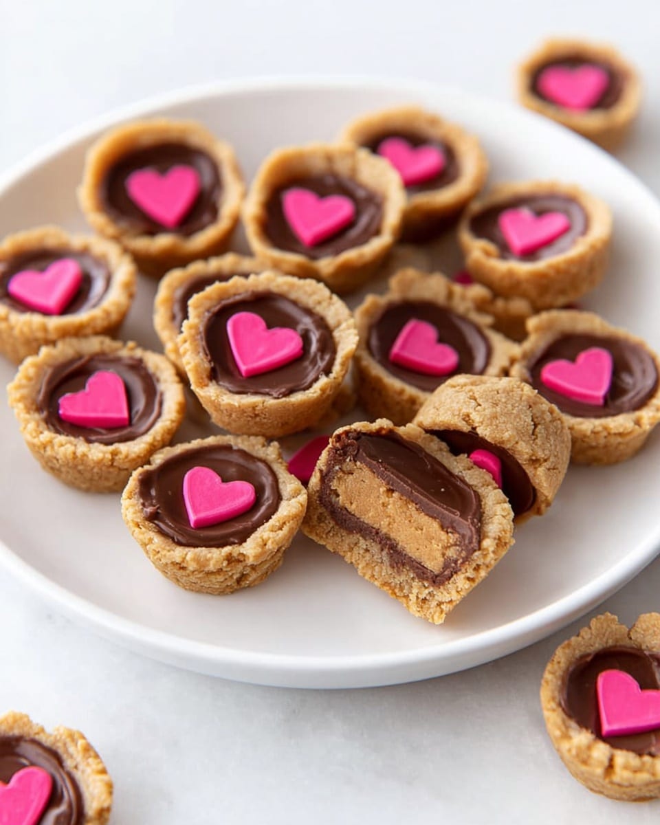 A black baking tray contains 24 small round cookies arranged in a 6 by 4 grid on a white marbled surface. Each cookie has a light golden-brown crust as the base layer, topped with a smooth dark chocolate center. On top of the chocolate layer, there is a small pink heart decoration in the center of each cookie. The texture of the cookies shows a slightly cracked edge around the chocolate part, making the layers distinct and clear. Photo taken with an iphone --ar 4:5 --v 7