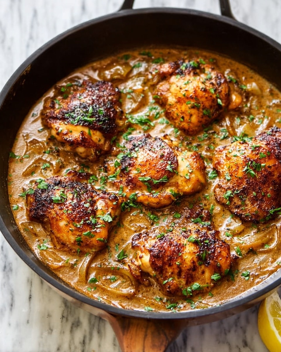 In a black skillet, six pieces of browned chicken thigh sit partly submerged in a thick, creamy brown sauce with visible onion slices. The chicken pieces are golden with charred spots and sprinkled with green herbs for a fresh touch. The skillet rests on a white marbled surface, and a sliced lemon is partly visible on the bottom right corner. Photo taken with an iphone --ar 4:5 --v 7