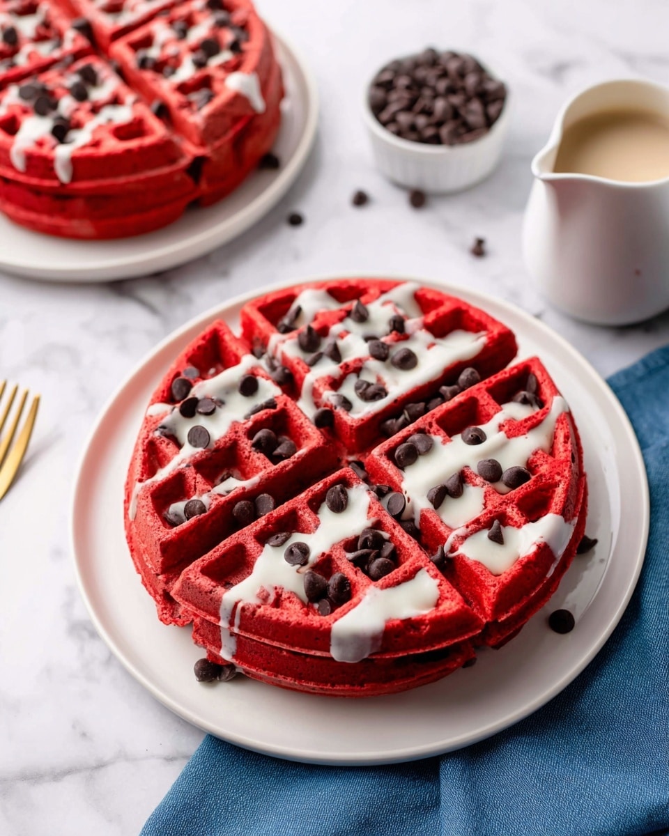 Two thick red waffles stacked on a white plate, each waffle divided into four segments, with white cream sauce drizzled unevenly over the top and dark chocolate chips scattered across the surface and inside the waffle pockets. A second plate with a similar red waffle partially visible in the background, sitting on a white marbled surface with a blue cloth nearby. To the upper right is a white pitcher filled with cream sauce and a small white bowl full of chocolate chips. Photo taken with an iphone --ar 4:5 --v 7