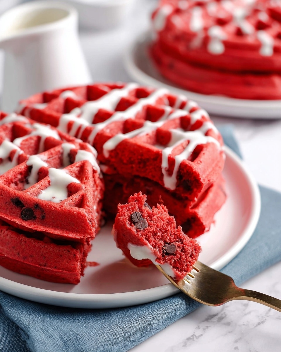 A stack of two thick, bright red waffles sits on a white plate over a white marbled surface with a folded blue cloth nearby; the waffles have a soft, fluffy texture with small chocolate chips scattered in their grid pockets, topped with a light white icing drizzle that contrasts with the red color. In the foreground, a piece of the waffle is held by a fork, showing the airy inside with a slice of white icing inside the waffle bite. In the background, there is another white plate with waffles and a white pitcher slightly blurred. photo taken with an iphone --ar 4:5 --v 7