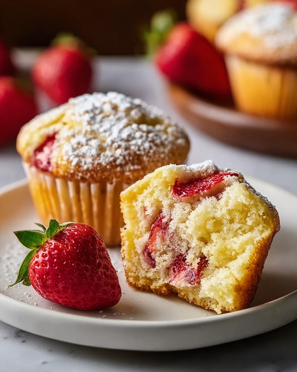 A close-up of a white plate with a muffin cut in half showing its soft yellow crumb with pieces of bright red strawberries inside, topped with a light dusting of powdered sugar that looks like a fine white powder. Behind the cut muffin, there is a whole muffin with a golden-brown top and sprinkled powdered sugar on it. On the plate next to the muffins, a whole fresh red strawberry with green leaves is placed. The plate rests on a white marbled textured surface, and the background is softly blurred with warm tones and hints of other strawberries and muffins. photo taken with an iphone --ar 4:5 --v 7