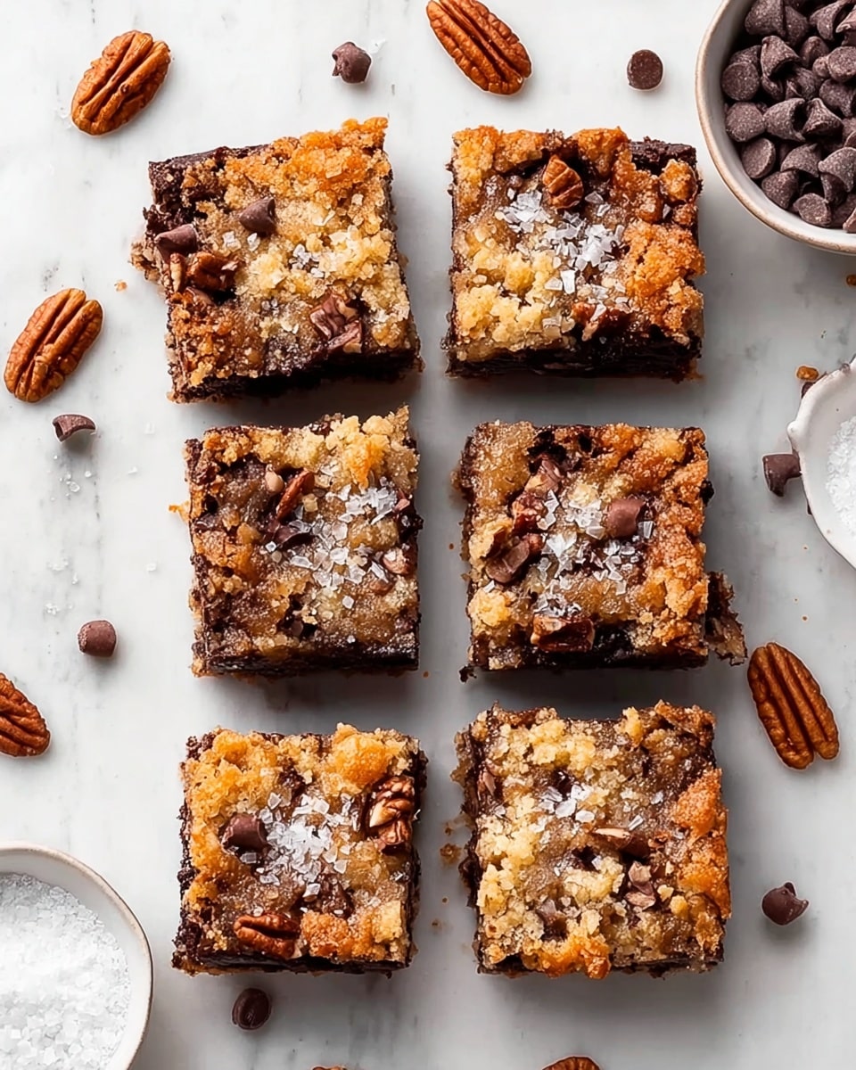 Six square pieces of dessert bars arranged in two rows of three on a white marbled surface. Each bar has a dark chocolate base with a golden crumbly top layer that is studded with pecan halves and chunks. The crumbly layer features a rough texture with visible sugar crystals and melted chocolate pieces, creating a mix of dark brown and light golden colors. Scattered around the bars are pecan halves and chocolate chips, with two white bowls—one filled with chocolate chips and the other with coarse salt—partially visible in the corners. photo taken with an iphone --ar 4:5 --v 7