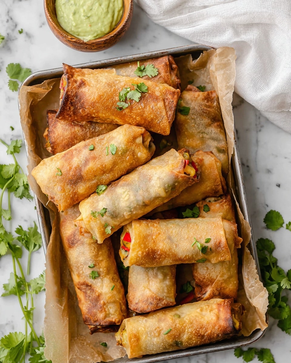 The image shows several golden-brown, crispy egg rolls stacked on a round wooden board lined with crumpled brown paper. The egg rolls are cut in half, revealing layers filled with shredded chicken, bright yellow corn kernels, black beans, and chunks of red and green bell peppers, all mixed with green herbs. Fresh green cilantro leaves are scattered around the board on a white marbled surface. In the background to the top right, there is a small wooden bowl filled with a green creamy sauce, and a white cloth is softly draped nearby. The light highlights the crunchy texture of the egg rolls and the vivid colors of the filling. photo taken with an iphone --ar 4:5 --v 7