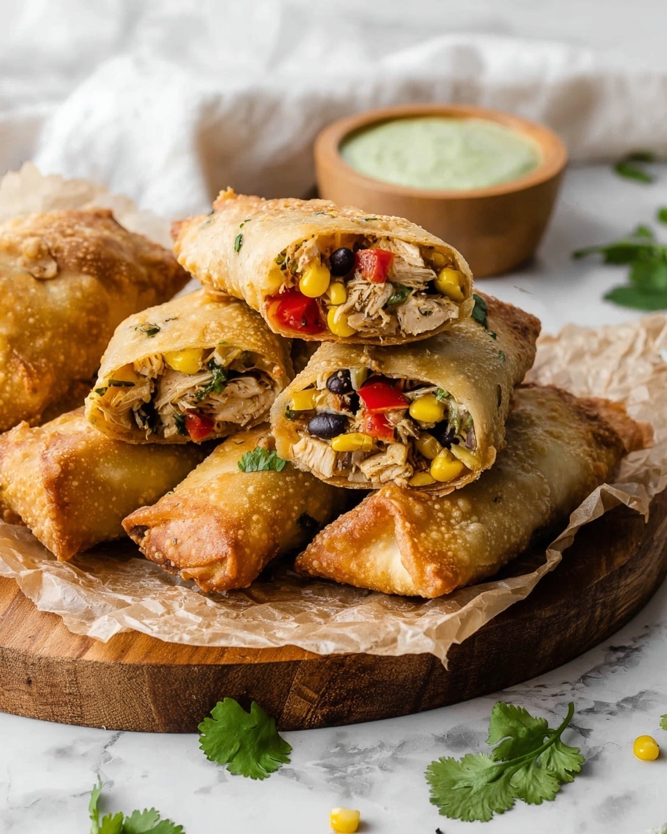 The image shows a metal tray lined with light brown parchment paper holding nine golden-brown egg rolls, each about two to three layers of crispy fried wrapper tightly rolled around a filling that hints at mixed vegetables like red and green peppers visible through some thinner spots; the surface of each egg roll has uneven crisp textures with scattered small green cilantro leaves on top. To the left side of the tray, there is a small wooden bowl with a green creamy sauce, likely avocado-based, garnished with tiny chopped herbs, resting near loose cilantro leaves. A white cloth and more cilantro leaves form the background on a white marbled surface. photo taken with an iphone --ar 4:5 --v 7