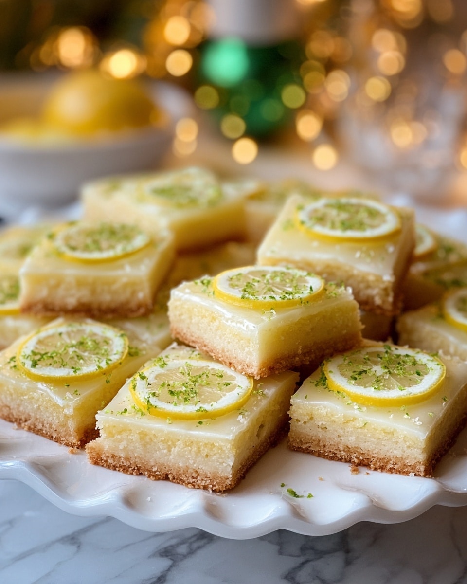 The image shows a white scalloped-edged plate filled with square lemon bars arranged in layers and overlapping. Each lemon bar has three clear layers: a thick, crumbly golden-brown bottom crust, a smooth pale yellow lemon filling on top, and a thin, glossy lemon glaze. Each bar is garnished with a thin slice of lemon and small sprinkles of green zest on top. The plate is placed on a white marbled surface, with softly blurred yellow lights and green hints in the background creating a cozy atmosphere. photo taken with an iphone --ar 4:5 --v 7