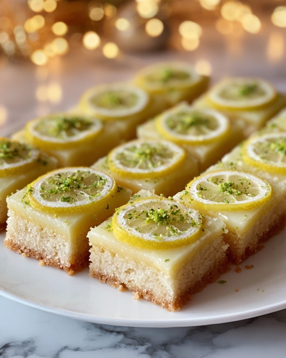 The image shows a white plate filled with square lemon bars arranged in rows. Each bar has two layers: the bottom layer is a thick, light golden-brown, crumbly cake base, and the top layer is a pale yellow, smooth lemon curd topped with a thin, translucent lemon slice. Small green bits, likely chopped herbs or zest, are sprinkled evenly over the lemon slices, adding a fresh color contrast. The plate is on a white marbled surface with soft, blurred warm lights in the background, creating a cozy atmosphere. Photo taken with an iphone --ar 4:5 --v 7