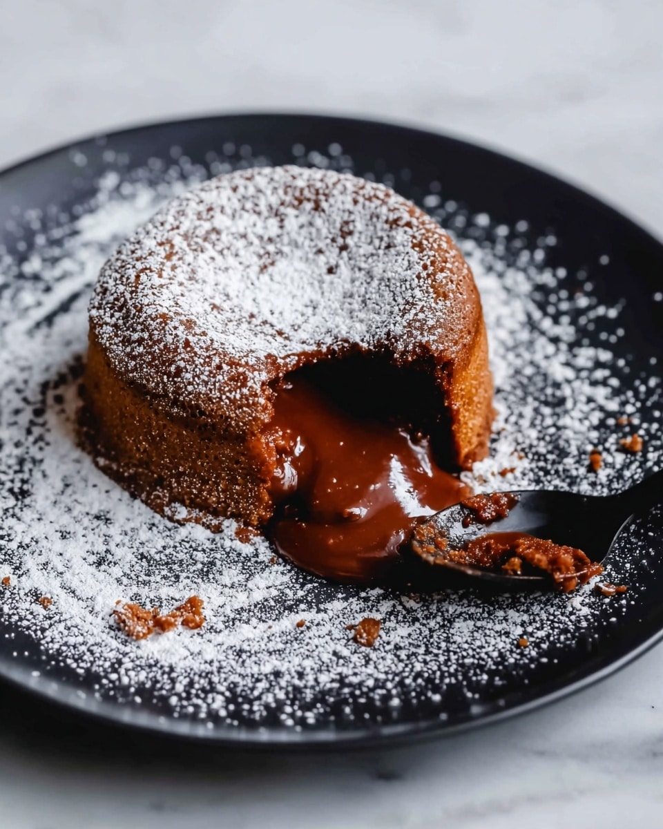 A small round molten lava cake with a golden brown outer layer sits at the center of a white plate, dusted thickly with white powdered sugar that spreads around it in an arc. The cake has a molten chocolate filling oozing out from a bite taken on one side, showing a glossy, smooth dark brown center. A black spoon with some chocolate crumbs rests beside the cake on the plate. The surface under the plate is a white marbled texture. photo taken with an iphone --ar 4:5 --v 7