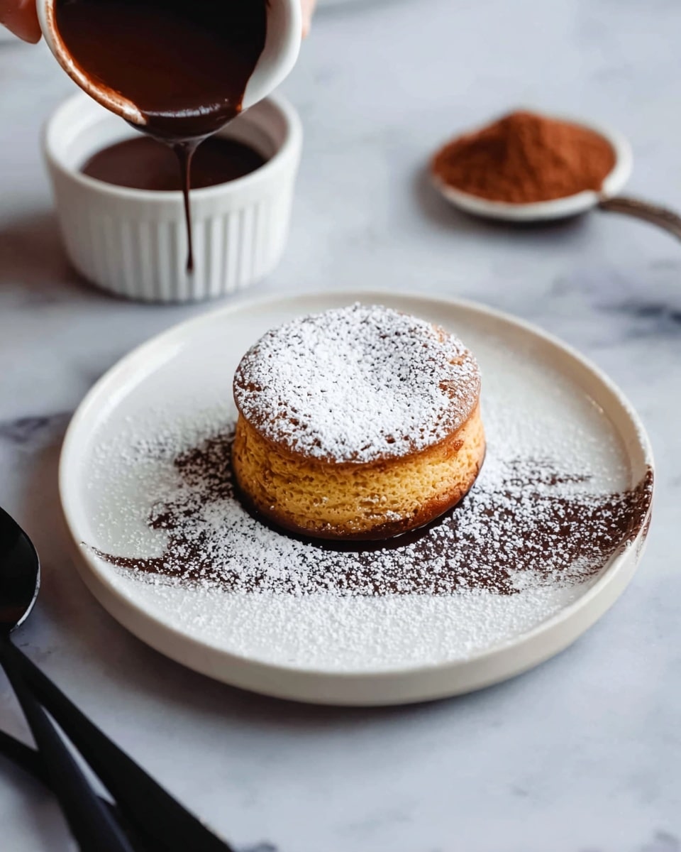 A small round dessert with two visible layers sits in the center of a white plate; the top and bottom layers are golden brown with a slightly rough texture, and it is lightly dusted with white powdered sugar that spreads in a sweeping pattern across the plate. In the background, there is a white ramekin filled with a darker brown powder, and a woman's hand holding a bowl is seen pouring dark chocolate sauce on the left side. The scene is set on a white marbled surface with three black spoons positioned at the bottom of the image. Photo taken with an iphone --ar 4:5 --v 7