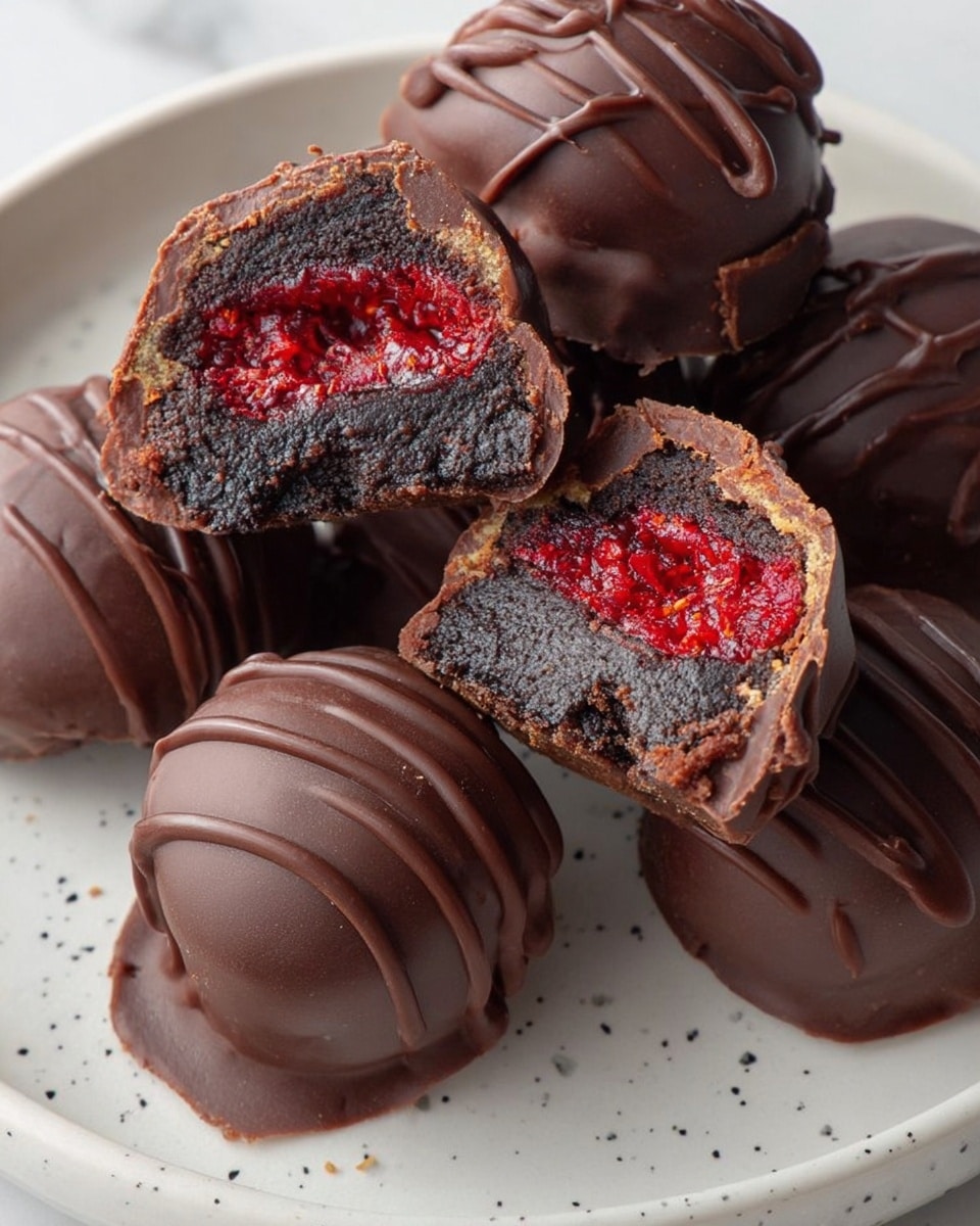 The image shows round chocolate truffles on a white plate with small black speckles, placed on a white marbled surface. Each truffle has three visible layers: the outer dark chocolate shell is smooth with a drizzle of chocolate on top, the middle layer is a dark, dense chocolate cake or fudge with a soft texture, and the top layer inside is bright red, slightly bumpy, and looks like raspberry or strawberry filling. Some truffles are cut open to show all layers clearly, highlighting the contrast between the dark and bright red colors. photo taken with an iphone --ar 4:5 --v 7