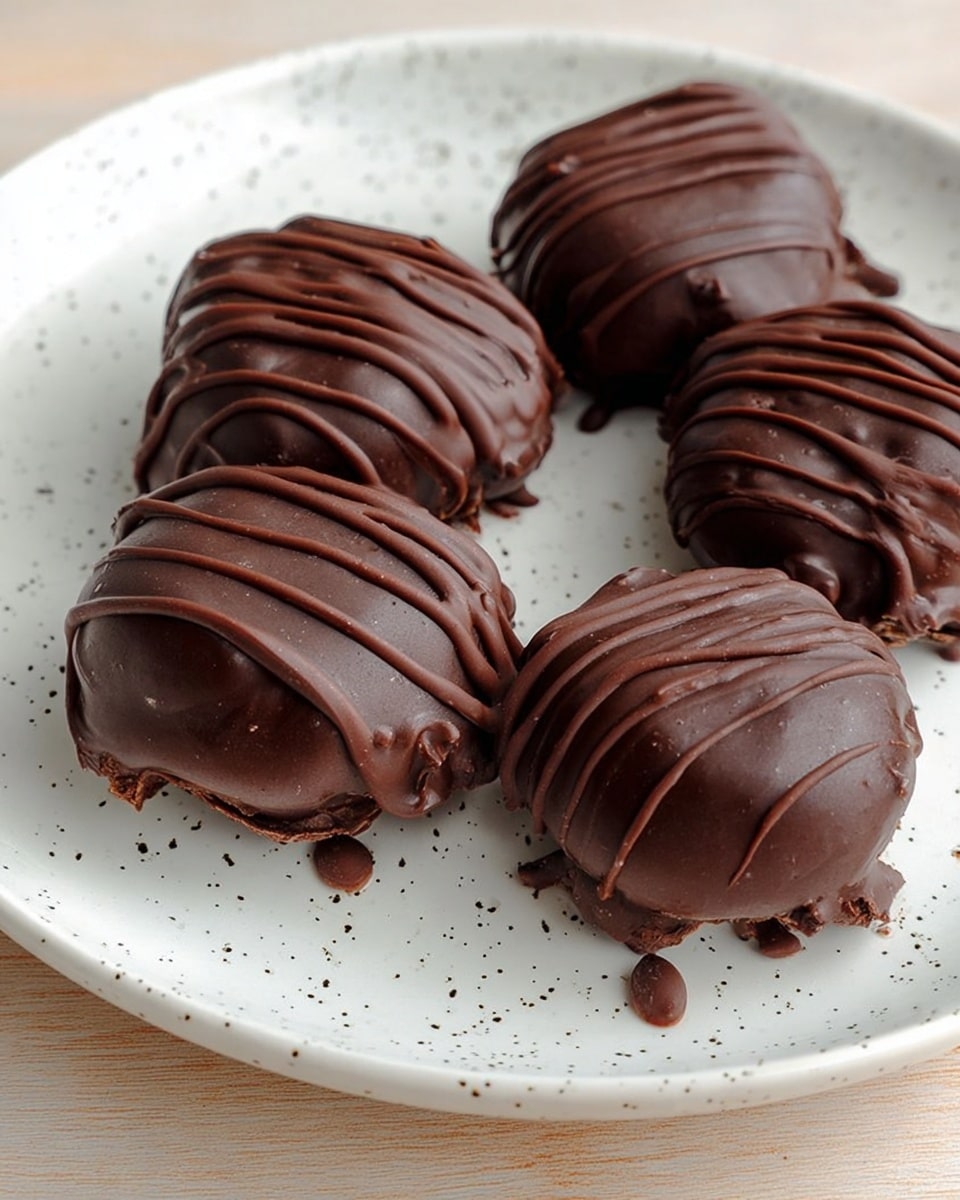 The image shows five round, chocolate-coated treats on a white plate with tiny dark speckles. Each piece has a smooth, shiny dark brown chocolate layer, topped with an uneven drizzle of slightly lighter chocolate that creates thin lines across the top. The shapes are irregular but mostly round, with some small chocolate drips at the base. The plate rests on a surface with a light wood texture. photo taken with an iphone --ar 4:5 --v 7