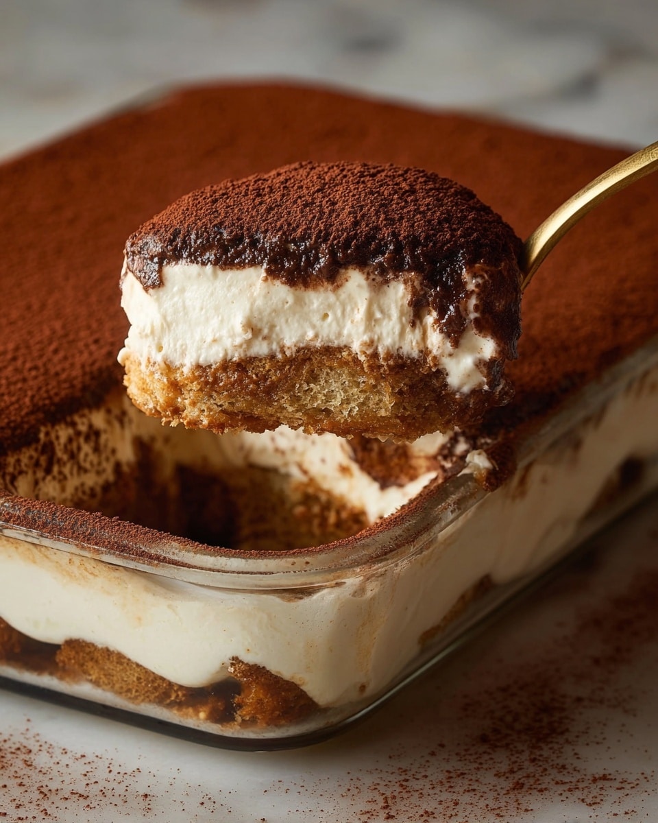 A close-up view of a layered dessert in a square white dish placed on a white marbled surface shows three distinct layers: the bottom layer is a light brown, crumbly cake-like texture; above it is a smooth, creamy white layer with slight ridges; the top layer is a dark brown, fine powdery dusting, likely cocoa, covering the cream layer evenly. A spoon with a gold handle holds a portion of the dessert, revealing the layers clearly. photo taken with an iphone --ar 4:5 --v 7
