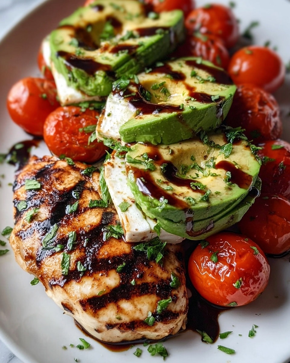 The image shows a white plate with one thick grilled chicken breast at the bottom, marked with dark brown charred grill lines, sprinkled with some green chopped herbs. On top of the chicken breast, there are two avocado halves with a creamy white cheese layer inside, grilled with brown char marks and drizzled with a dark balsamic glaze. Surrounding the chicken and avocado are several shiny, red, grilled cherry tomatoes with slight black grill marks. The overall colors are warm and fresh with textures ranging from smooth avocado and cheese to charred, grilled surfaces. The dish sits on a white marbled surface. photo taken with an iphone --ar 4:5 --v 7