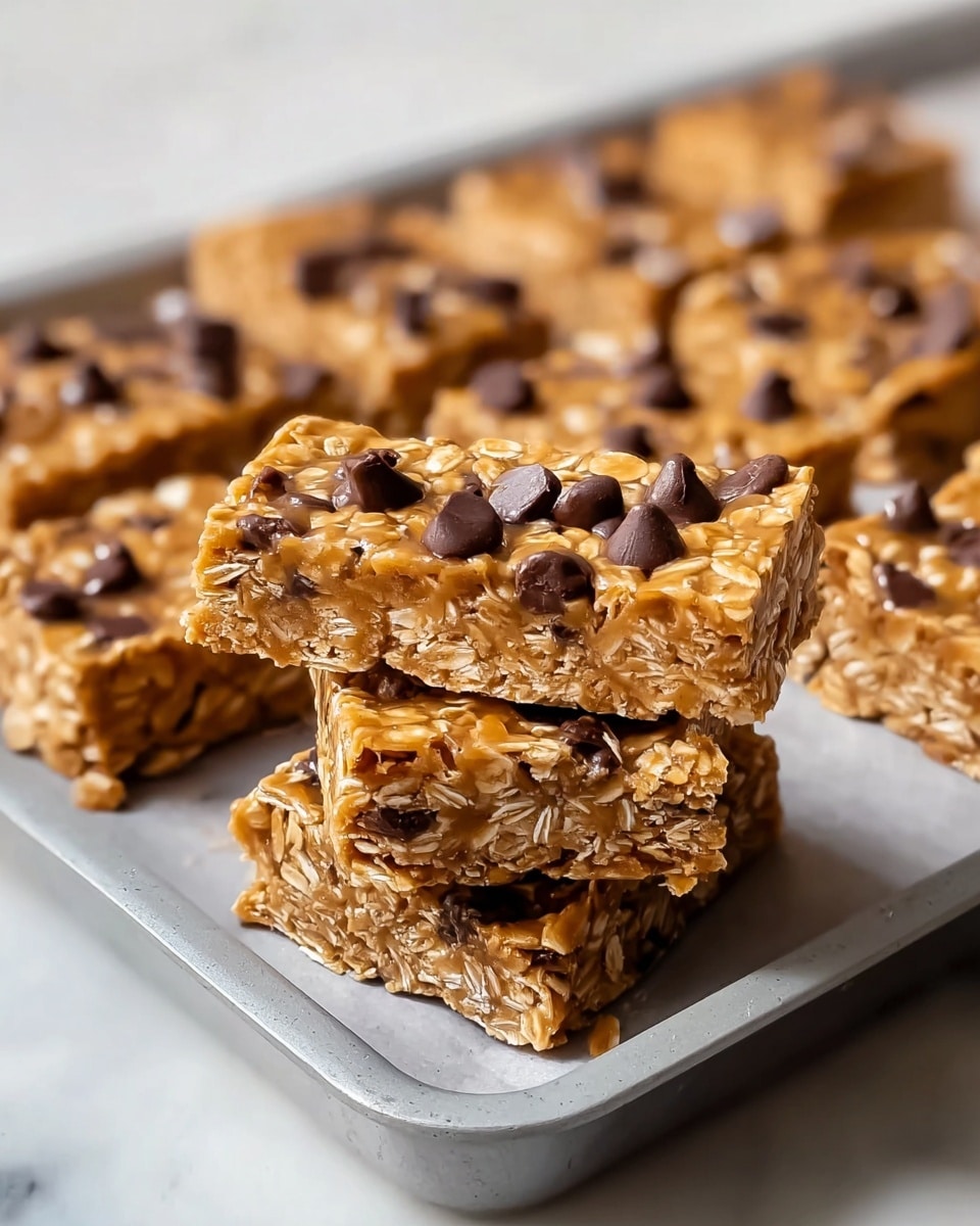 The image shows several rectangular oat and chocolate chip bars arranged on a light gray tray. Each bar has a single thick layer made of golden-brown oats mixed with small dark chocolate chips scattered throughout. The top surface has visible oat flakes and chocolate chips sitting on a sticky, glossy, caramel-like mixture holding the ingredients together. Two bars are stacked slightly on top of each other in the foreground, showing the full thickness and texture of the bars. The scene is set on a white marbled surface. photo taken with an iphone --ar 4:5 --v 7