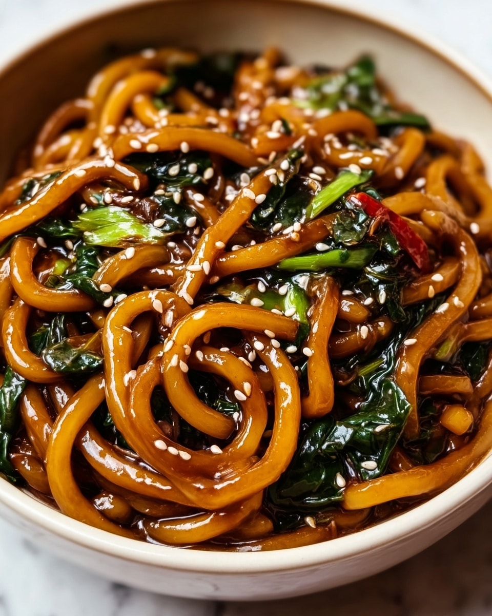 A close-up view of a bowl filled with thick, shiny udon noodles coated in a dark brown sauce that has a slightly oily texture. Mixed within the noodles are pieces of dark green leafy vegetables, small bits of red chili flakes, and scattered white sesame seeds on top. The noodles sit in a deep, round white bowl, with the whole scene set against a white marbled surface. The overall look is glossy and rich, highlighting the freshness and slight spiciness of the dish. photo taken with an iphone --ar 4:5 --v 7