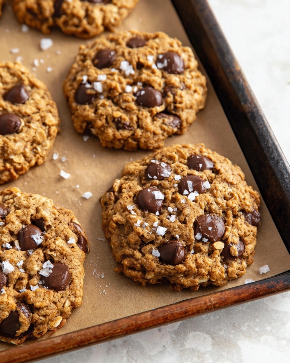 The image shows several thick, round oatmeal chocolate chip cookies on a baking tray lined with brown parchment paper. Each cookie has a chunky texture with visible oats and plenty of dark brown chocolate chips spread all over. The tops of the cookies are sprinkled with coarse white sea salt, adding a contrast to the warm, golden-brown surface. The baking tray has a dark metal edge, and the cookies are arranged with some space between them. The background is a white marbled texture. photo taken with an iphone --ar 4:5 --v 7