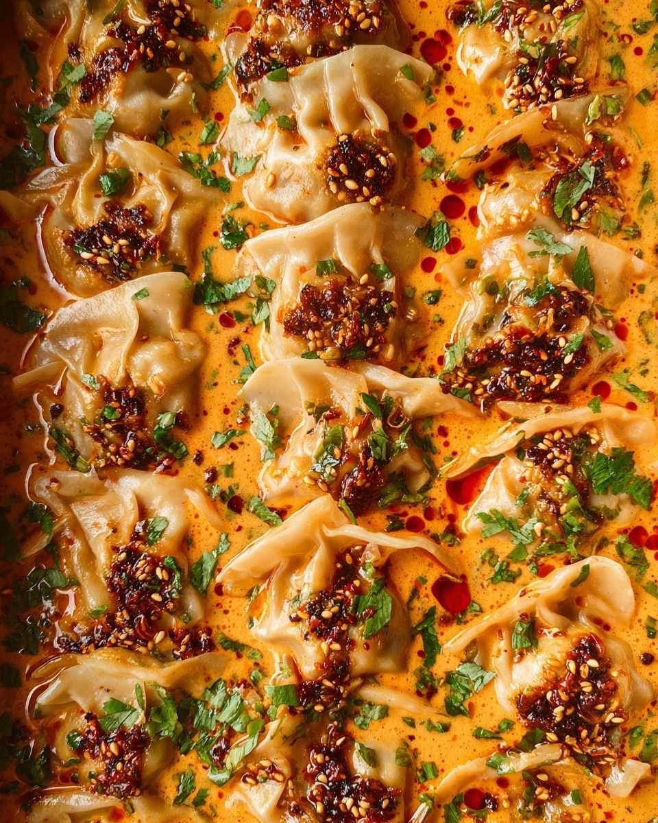 The image shows a close-up of dumplings submerged in a thick, creamy orange sauce. The dumplings have a light beige dough with visible folds and are topped with dark, chunky chili oil mixed with sesame seeds and small green herb pieces. The sauce is creamy with specks of green herbs scattered throughout, and there are small drops of red oil floating on the surface. The dumplings are arranged in roughly three rows, filling the frame tightly. The background is a white marbled texture. Photo taken with an iphone --ar 4:5 --v 7