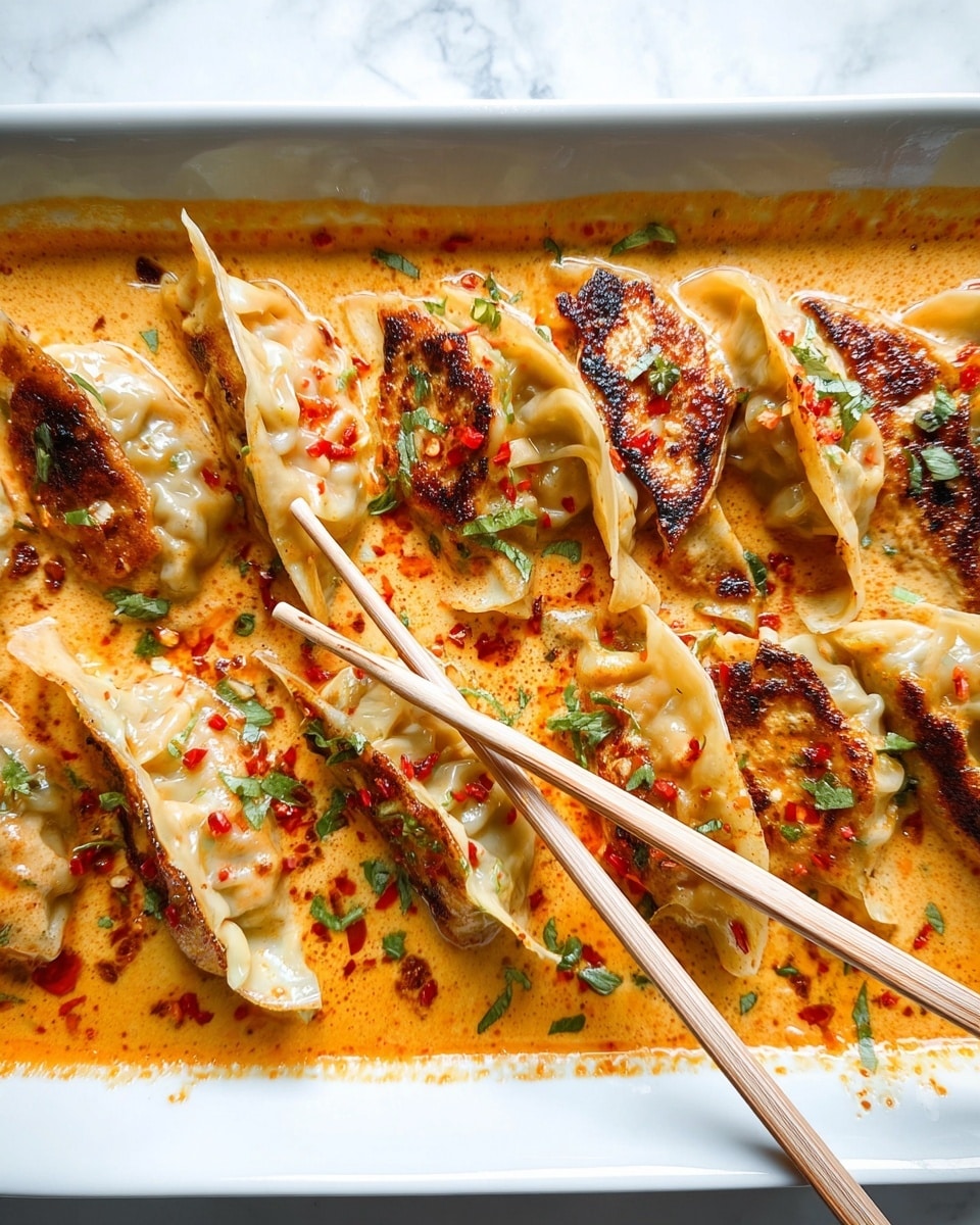 In a white rectangular dish, there are two layers of dumplings arranged in a slightly overlapping pattern. The top layer of dumplings is golden-brown with some parts charred, covered in a creamy orange sauce with a glossy texture, speckled with green herbs and red chili flakes. The sauce pools around the dumplings, showing a smooth, rich, and slightly oily surface. A pair of wooden chopsticks is placed diagonally on the dish, touching a few dumplings near the center. The background is a white marbled texture. photo taken with an iphone --ar 4:5 --v 7