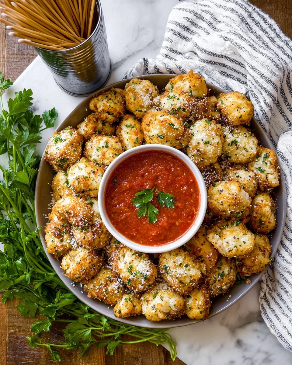 A large round white plate is filled with many small, golden-brown, crispy cauliflower bites coated with green herbs and sprinkled with white cheese. In the middle of the plate, there is a smaller white bowl holding thick, red marinara sauce topped with a bright green parsley leaf. Next to the plate, there is a bunch of fresh green parsley and a white striped cloth on a white marbled surface. A silver container filled with wooden toothpicks stands in the background, completing a cozy snack presentation. Photo taken with an iphone --ar 4:5 --v 7