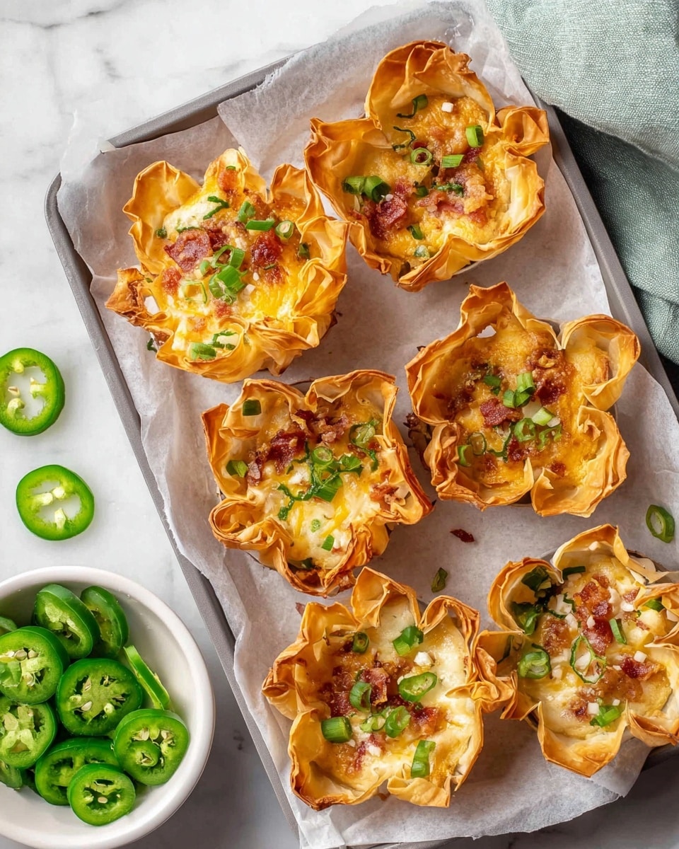 The image shows six crispy golden brown cups made from thin pastry, each filled with a creamy mixture of melted cheese, bits of bacon, and green jalapeño slices, giving a colorful look with white, orange, red, and green tones. The cups have a flower-like shape with each pastry edge curling outward, holding the cheesy filling in the center. They are placed on a white parchment paper inside a gray tray. Around the cups, there are several bright green sliced jalapeño rings. In the bottom left corner of the tray, there is a small white bowl filled with more fresh green jalapeño slices. The scene is set on a white marbled surface with a soft natural light enhancing the warm colors of the dish. photo taken with an iphone --ar 4:5 --v 7