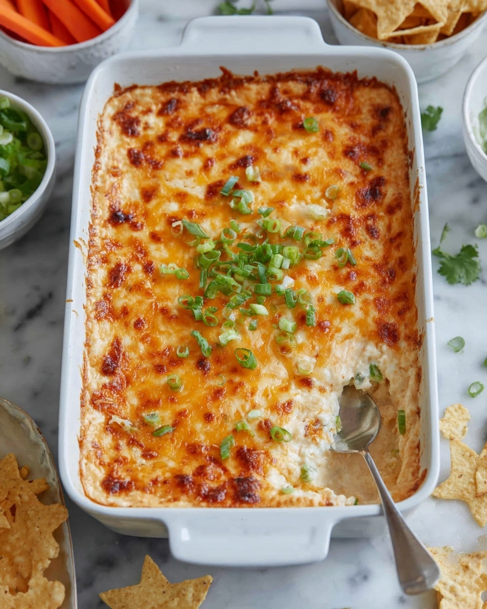 A white rectangular baking dish filled with a three-layer dip: the bottom layer is light beige, the middle layer is creamy white, and the top layer is melted, golden-brown cheese with some darker toasted spots. The dip is garnished with scattered bright green chopped scallions in the center. A silver spoon rests inside the dish on the right side, slightly scooping into the dip. The dish is placed on a white marbled surface with some white bowls holding carrot sticks and green herbs around it, along with scattered star-shaped tortilla chips at the bottom edge. photo taken with an iphone --ar 4:5 --v 7