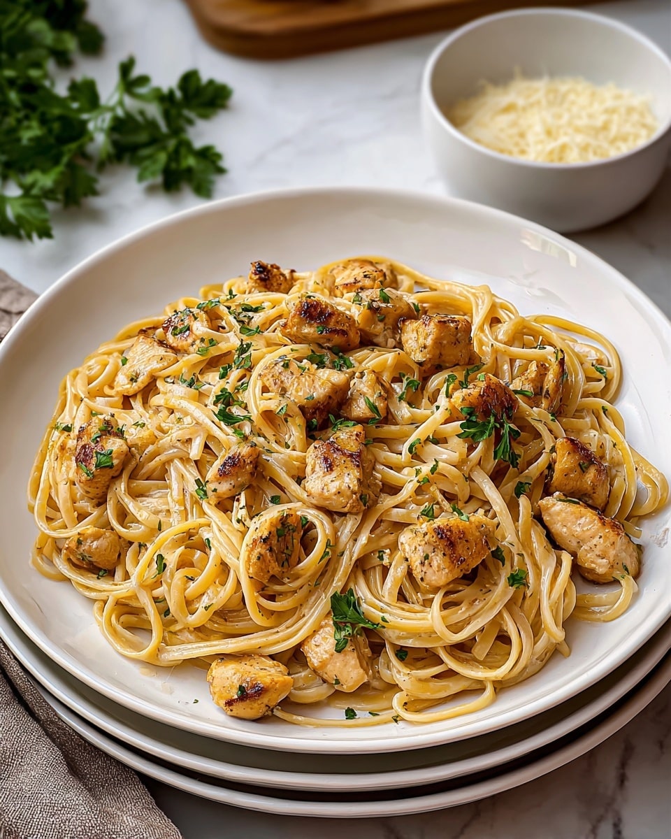 A white plate holds a single layer of creamy linguine pasta mixed with small pieces of browned chicken, scattered evenly across the pasta. The sauce coats the noodles with a light beige color, giving the dish a creamy texture. Small green parsley leaves are sprinkled on top, adding a splash of green against the warm beige and golden tones of the chicken and noodles. The plate is placed on a couple of stacked round white plates against a white marbled surface. A white small bowl filled with grated cheese sits in the upper right corner, and fresh parsley leaves are visible in the soft background to the left. photo taken with an iphone --ar 4:5 --v 7