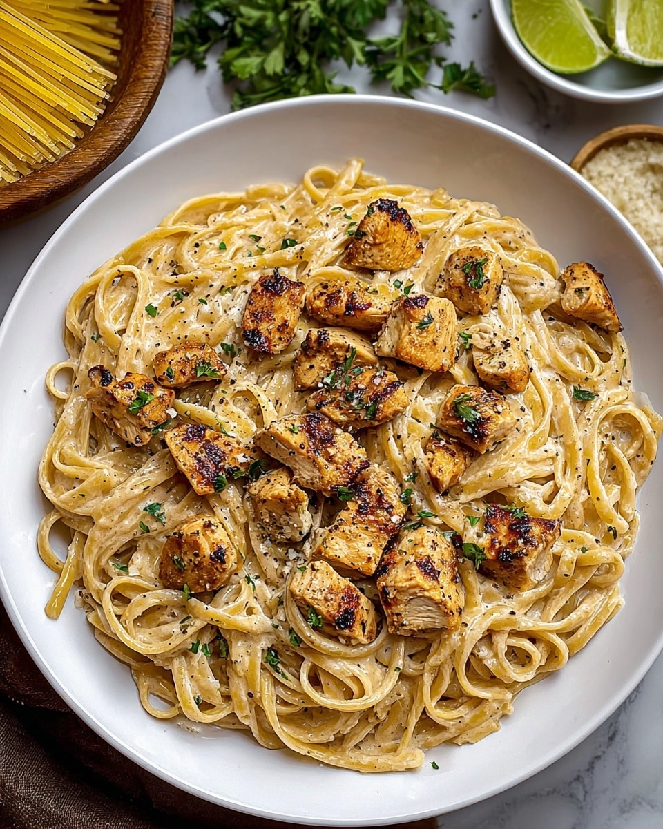 A white plate filled with a single layer of creamy pasta coated in a light beige sauce with visible black pepper bits, topped evenly with golden brown grilled chicken pieces that have a slightly charred texture. Small green parsley flakes are scattered over the dish for color. The scene is set on a white marbled textured surface with some fresh parsley, a wedge of lime, and a bowl of uncooked pasta nearby. photo taken with an iphone --ar 4:5 --v 7