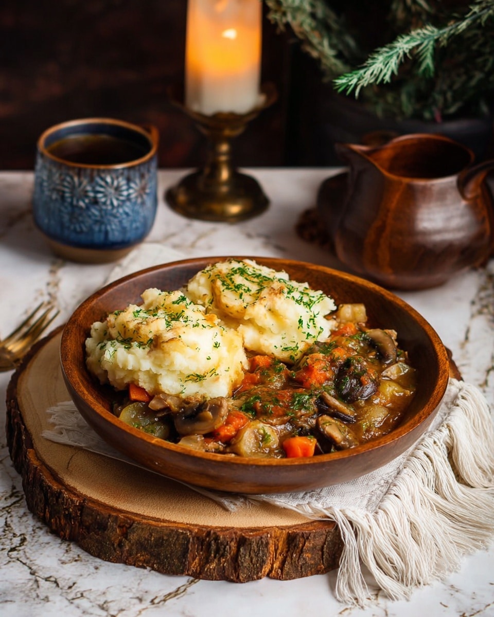 The dish is served in a round wooden bowl placed on a thick wooden slice with rough bark edges, sitting on a white marbled textured surface partially covered by a white fringed cloth. The bowl contains a two-layer meal: the bottom layer is a chunky vegetable stew with visible pieces of orange carrots, brown mushrooms, and other mixed vegetables in a thick brown sauce, topped with finely chopped green herbs. The top layer consists of two large dollops of creamy mashed potatoes, golden brown and slightly crispy on the edges, also sprinkled with green herbs. In the background, there are a blue and white ceramic cup, a brown pitcher, and a lit candle on a patterned stand, with some green branches blurred behind. Photo taken with an iphone --ar 4:5 --v 7