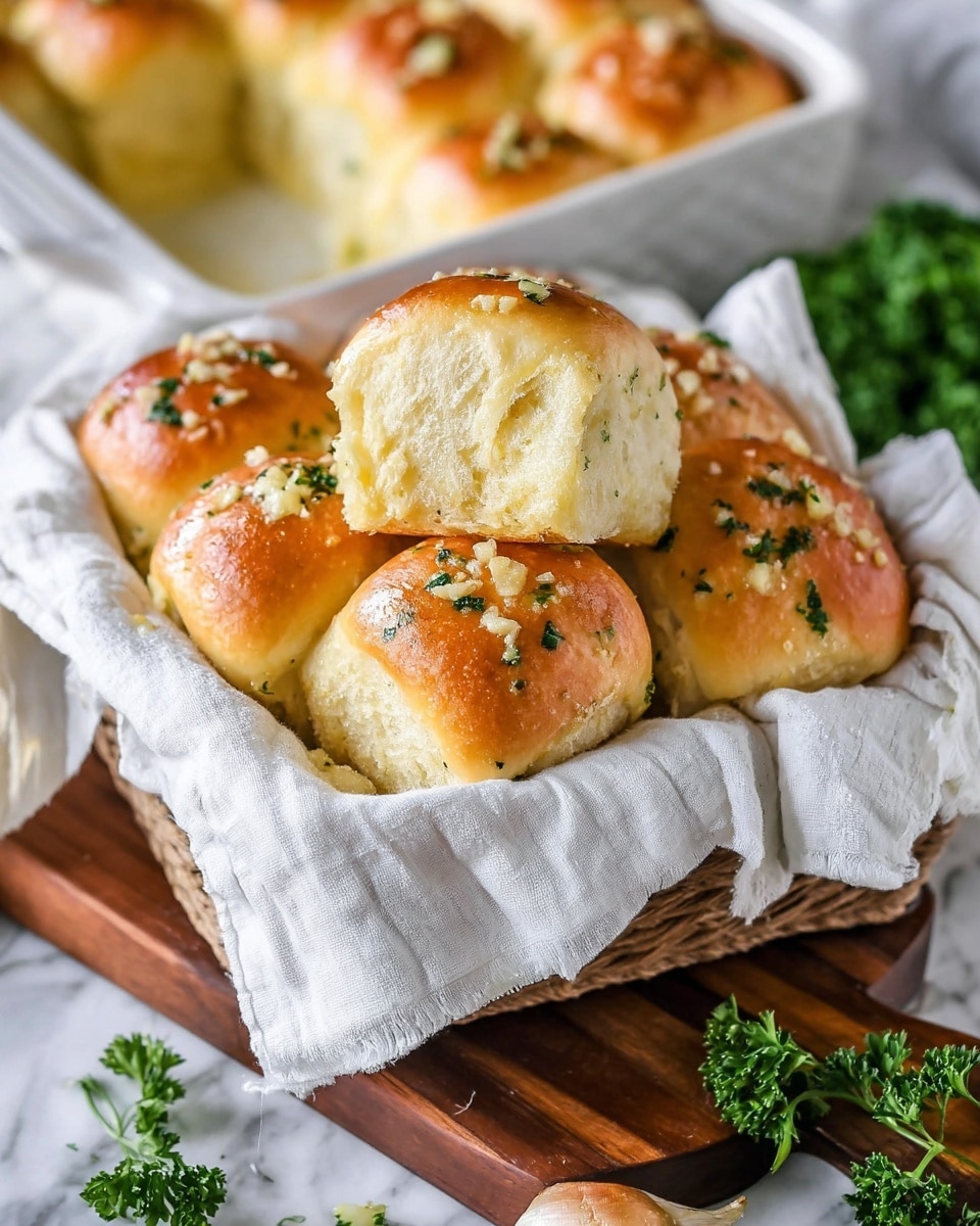 The image shows a basket filled with soft, golden brown garlic rolls. The basket is lined with a white cloth, making the light, fluffy rolls stand out. Each roll has a shiny top with small bits of green parsley and grated garlic on them. The rolls look slightly pulled apart to show their soft inside texture. In the background, there is a white baking dish holding more rolls with the same golden tops. The scene is set on a white marbled surface with a wooden board and some fresh parsley around adding color. Photo taken with an iphone --ar 4:5 --v 7
