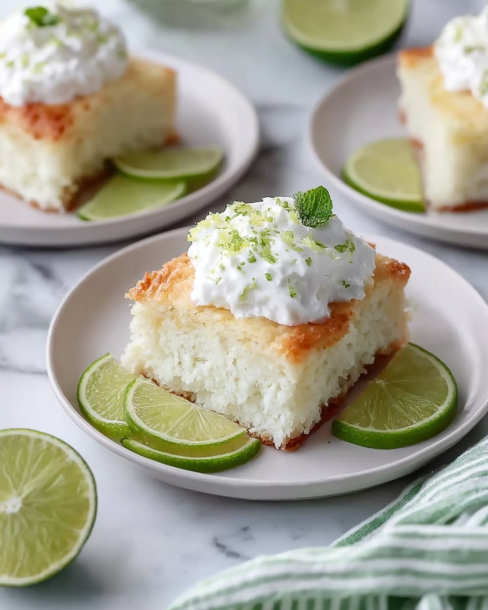A square piece of cake sits on a white plate. The cake has two layers: the bottom layer is a soft, creamy white with a light texture, and the top layer is golden brown and slightly crisp. On top of the cake is a dollop of white whipped cream sprinkled with small bits of green lime zest. Around the cake on the plate are several lime slices and a small green mint leaf. The plate is on a white marbled surface, and parts of two other plates with similar cake pieces are visible around it. A green and white striped cloth is softly folded near the bottom edge of the image. photo taken with an iphone --ar 4:5 --v 7