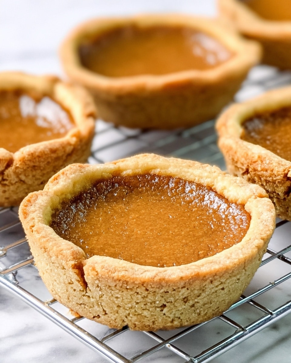 Four small round tarts sit on a silver metal cooling rack over a white marbled surface. Each tart has a rough, thick golden crust with slight cracks and uneven edges, forming a shallow cup around the filling. The filling is smooth and brown, slightly glossy near the edges, with a soft, baked texture. The tarts appear warm and freshly baked, with the crust showing a light flaky crumb texture. Photo taken with an iphone --ar 4:5 --v 7
