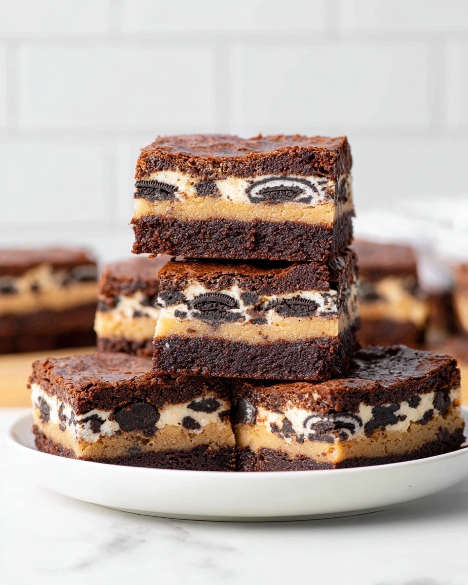 A stack of five square dessert bars sits on a white plate over a white marbled surface. Each bar has three clear layers: the bottom layer is light brown with chocolate chips, soft and cookie-like; the middle layer shows whole black and white sandwich cookies embedded within a dense, dark brown chocolate brownie layer; the top layer is a slightly cracked, rich chocolate brownie crust, darker than the middle layer. The bars are piled unevenly, with three bars at the bottom and two resting on top, showing the detailed texture of the chocolate chips and cookies in the cross-section. The background is softly blurred white tile. photo taken with an iphone --ar 4:5 --v 7