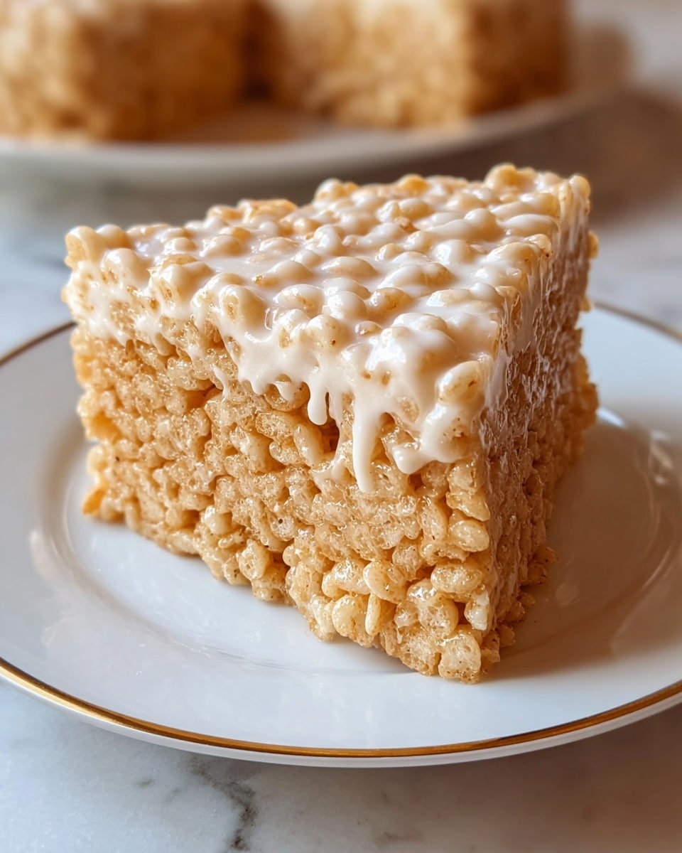 A slice of a three-layered dessert sits on a white plate with a slight gold rim, placed on a white marbled surface. The top and bottom layers are made of crispy puffed rice cereal bound together, showing a light golden-brown color and a crunchy texture with visible puffed grains. The middle layer is thick and creamy white, smooth and slightly soft, filling the space between the crispy layers. The image focuses closely on the slice, with a softly blurred background that suggests a cozy setting. Photo taken with an iphone --ar 4:5 --v 7