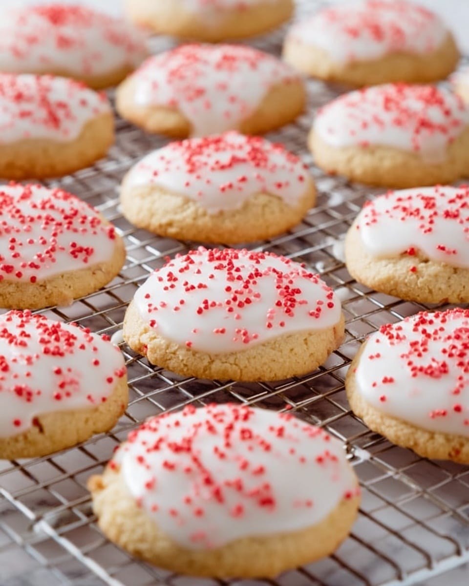 The image shows many small round cookies on a metal cooling rack. Each cookie has one thick layer of white icing with a smooth texture spread on top. Scattered over the icing are tiny red sprinkles, adding a bright contrast. The cookies themselves have a light golden-brown color with a slightly rough, crumbly texture around the edges. The background is a white marbled surface that softly reflects light. Photo taken with an iphone --ar 4:5 --v 7