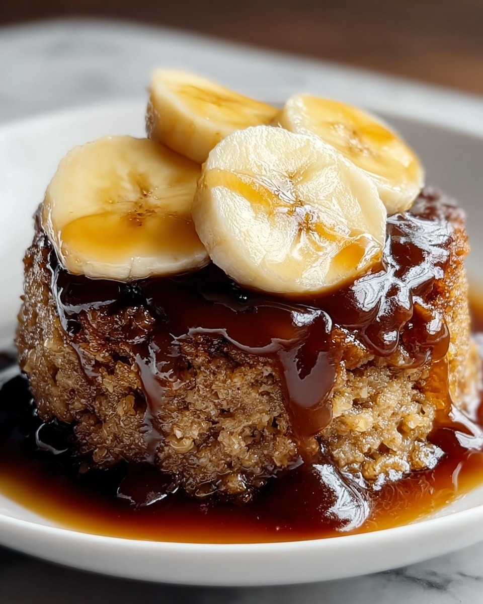 A close-up of a single serving of moist brown cake with a rough texture, sitting on a white plate. The top of the cake is covered with a thick layer of dark brown syrup that drips down the sides. On top of the syrup, there are four glossy banana slices with a pale yellow color and a soft texture. The plate rests on a white marbled surface. photo taken with an iphone --ar 4:5 --v 7