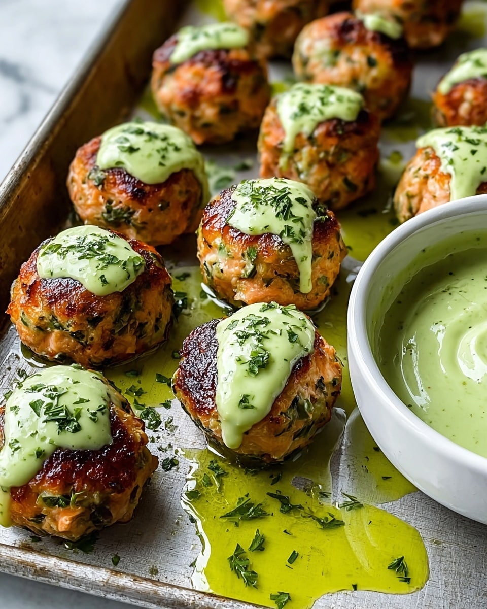 The image shows a metal tray filled with golden-brown salmon meatballs that have a slightly crispy, textured surface with visible green herbs mixed inside. Each meatball is topped with a smooth, thick, pale green sauce that drips slightly down the sides, and a sprinkle of finely chopped green herbs over the sauce. The tray has bright green oily glaze pooling around the meatballs. On the right side of the tray, there is a white bowl filled with the same creamy pale green sauce. The background is a white marbled texture. photo taken with an iphone --ar 4:5 --v 7