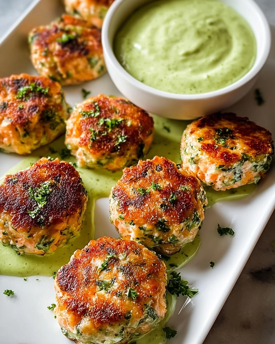 The image shows a white rectangular dish with seven round salmon patties arranged evenly, each having a golden-brown crispy top mixed with green herbs visible throughout the light pink salmon base. Small bits of parsley are sprinkled on top and around the patties. A white bowl filled with a thick pale green creamy sauce sits in the back corner of the dish. The dish is placed on a white marbled surface with a warm light highlighting the textures and colors. photo taken with an iphone --ar 4:5 --v 7