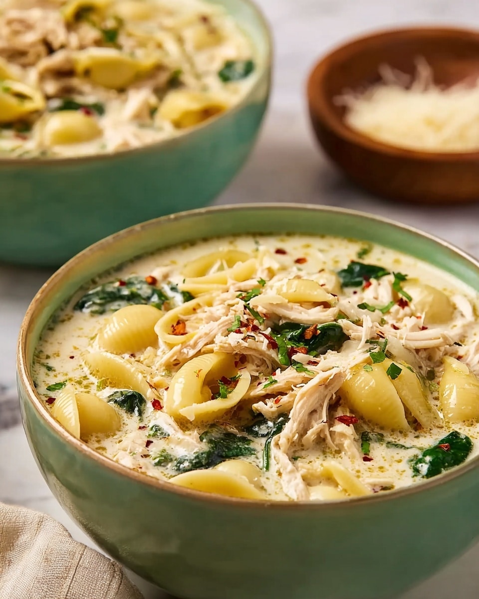 The image shows a creamy soup served in a white bowl with a smooth, glossy finish. The soup has multiple layers including yellow cooked pasta shells that float on top, shredded pieces of light brown chicken mixed throughout, and scattered green spinach leaves adding color contrast. The creamy broth is speckled with herbs and a sprinkle of red pepper flakes for texture. A second similar bowl is blurred in the background along with a small wooden bowl containing grated cheese, all set on a white marbled surface. The focus is close and detailed, capturing the rich, thick texture of the soup photo taken with an iphone --ar 4:5 --v 7