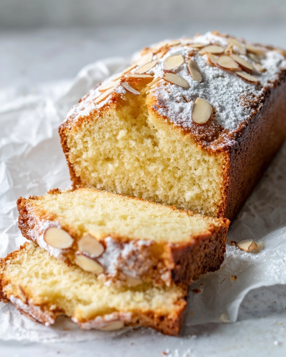 A loaf cake sits on white parchment paper over a white marbled surface, with one thick slice cut and laying flat in front of it. The cake has one main layer, light golden inside with a soft, moist texture visible in the crumb. The top layer is golden brown and slightly cracked, sprinkled with slivered almonds and powdered sugar dusted evenly across. The overall look is fresh and soft with a warm, inviting color contrast between the crust and inside of the cake. Photo taken with an iphone --ar 4:5 --v 7