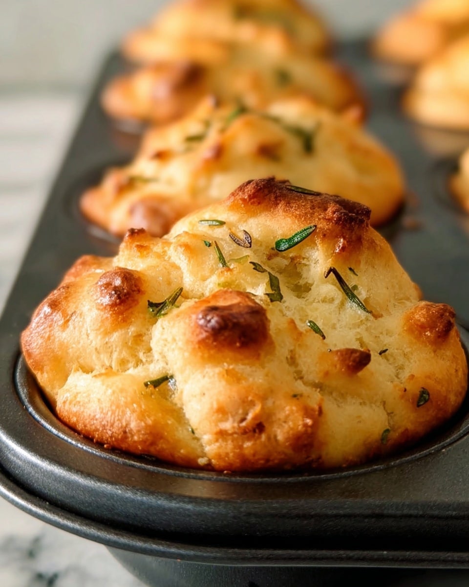 The image shows a close-up of a golden-brown bread roll baked in a black muffin tray. The bread has a puffy, uneven surface with small bubbly pockets and is dotted with small green herb pieces, likely chives or rosemary, scattered on top. The edges are slightly darker and crisp, while the center is lighter and fluffy. Other similar bread rolls are slightly blurred in the background within the same tray. The dark muffin tray rests against a white marbled texture. photo taken with an iphone --ar 4:5 --v 7