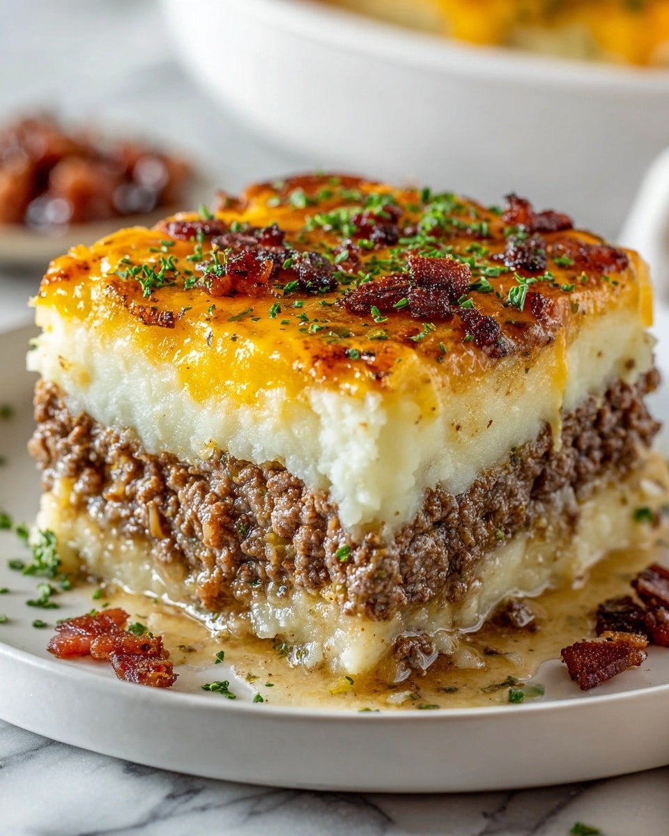 A close-up of a square piece of layered dish on a white plate. The bottom layer is a soft, pale mashed potato base. Above it is a thick, crumbly layer of cooked ground meat mixed with small bits of herbs. Another smooth, pale mashed potato layer sits on top of the meat. The topmost layer is a golden-brown, slightly crispy cheese baked to a shiny finish, sprinkled with finely chopped green herbs. Small pieces of crispy bacon and herbs are scattered around on the plate. The scene is set on a white marbled surface. photo taken with an iphone --ar 4:5 --v 7