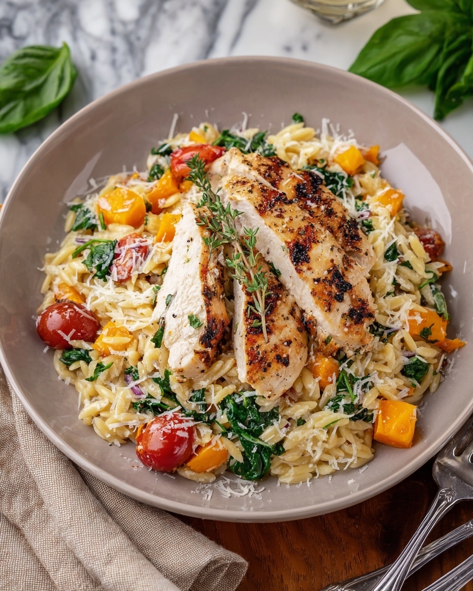 A white plate holds a bed of creamy orzo pasta mixed with bright green spinach pieces, orange roasted squash cubes, and halved red cherry tomatoes. On top, two thick slices of grilled chicken breast, golden brown with grill marks, are placed slightly overlapping. The dish is sprinkled with white grated cheese and garnished with fresh green herbs, including a sprig of thyme resting atop the chicken and a basil leaf on the side. The background is a white marbled surface, with a folded beige cloth napkin on the left and silver fork and knife placed on the right side of the plate. photo taken with an iphone --ar 4:5 --v 7