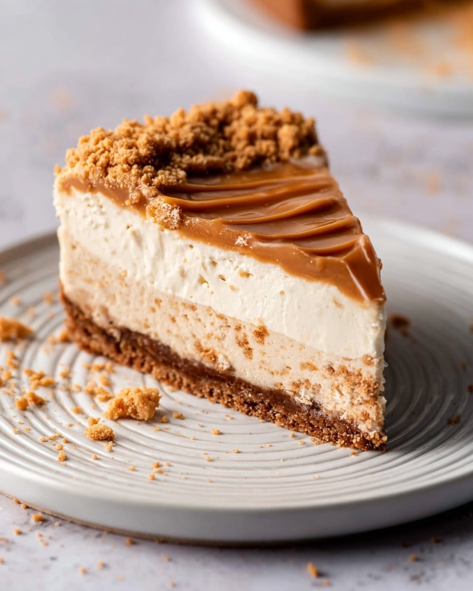 A slice of creamy layered pie sits on a white plate with light circular patterns. The bottom layer is a dense, crumbly brown crust. Above that is a thick, light beige layer with bits of crumbly texture mixed in. On top of this is a smooth, glossy caramel-colored layer with a gentle wave pattern. The edge of the slice is topped with a rough, crumbly layer of golden brown crumbs. The white marbled surface below has scattered crumbs around the plate. Photo taken with an iphone --ar 4:5 --v 7