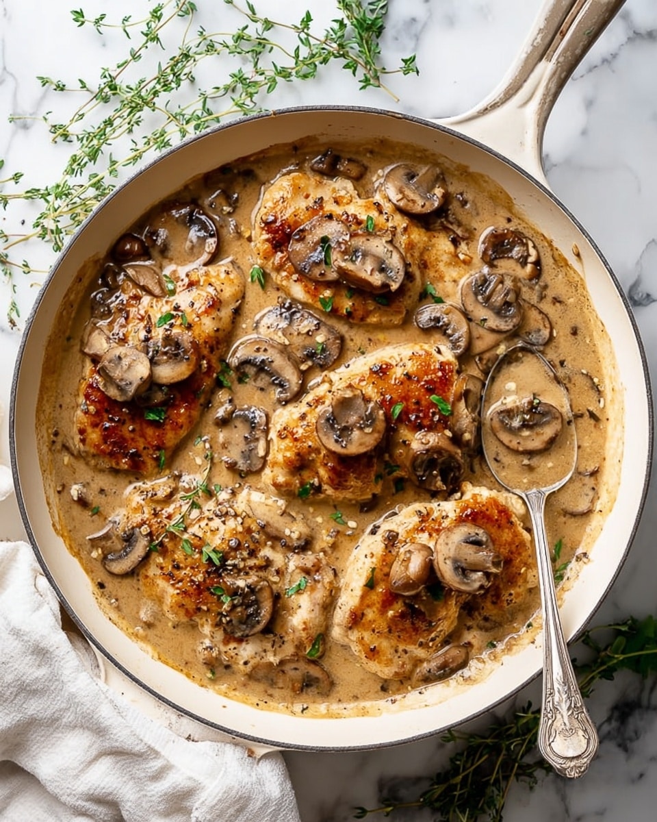 A large white round pan holds a creamy mushroom chicken dish. The pan contains five golden-brown chicken breasts partly covered in light brown sauce with visible pepper specks, topped with sliced cooked mushrooms that have a soft, slightly glossy texture. The sauce has a smooth, thick consistency and pools around the chicken, garnished with small green herb leaves scattered on top. A silver spoon rests inside the pan near the edge. The pan sits on a white marbled surface with a white cloth nearby and green herb sprigs placed around it. Photo taken with an iphone --ar 4:5 --v 7