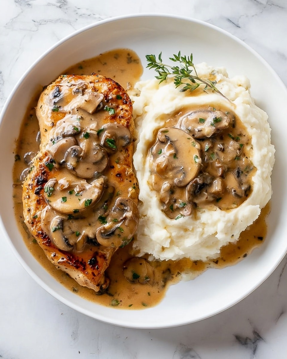 A white round plate on a white marbled surface holds two main layers. On the left, there is a browned grilled chicken breast covered in a thick, light brown mushroom sauce with visible sliced mushrooms and small green herbs sprinkled on top. On the right, a large scoop of creamy white mashed potatoes is topped with the same brown mushroom sauce, which slightly spills over onto the plate. A small green herb garnish lies between the chicken and potatoes. Photo taken with an iphone --ar 4:5 --v 7