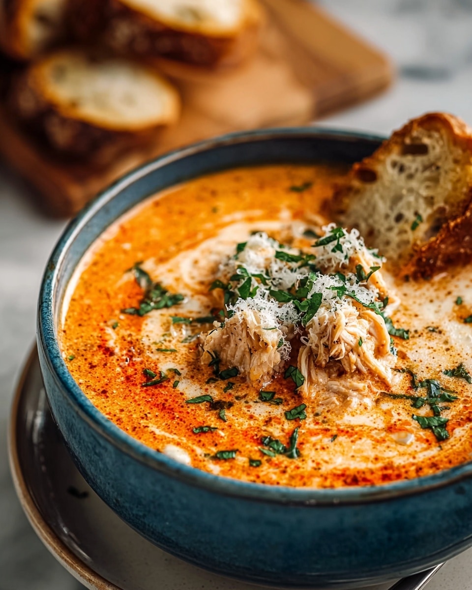 A close-up view of creamy orange soup served in a blue bowl set on a white plate, the soup has a smooth and slightly frothy texture with visible swirls of cream and paprika oil. On top of the soup, there are three pieces of cooked, shredded chicken sprinkled with finely chopped green herbs and a light dusting of grated white cheese. To the side, a piece of toasted bread with a crunchy crust and a soft, airy inside is partially visible. The background features a soft blur of more toasted bread slices resting on a wooden surface, all set on a white marbled texture. photo taken with an iphone --ar 4:5 --v 7