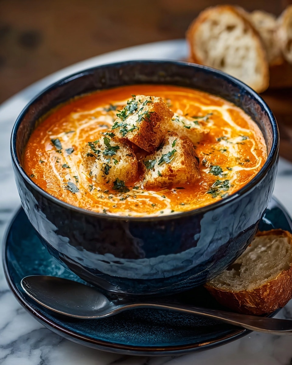 A dark blue bowl filled with a creamy orange soup with visible swirls of cream, topped with three golden brown grilled cheese cubes sprinkled with green herbs and a bit of grated cheese, placed on a matching dark blue plate with a silver spoon beside it, two pieces of crusty bread with a golden crust and light soft inside sit near the bowl, all set on a white marbled surface with a blurred wooden background. photo taken with an iphone --ar 4:5 --v 7