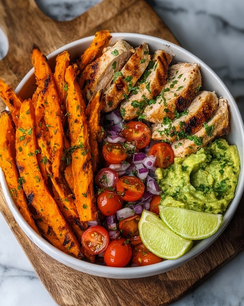 A white bowl filled with four layers: on the left, a pile of bright orange sweet potato fries with a crispy texture and sprinkled with green herbs; above the fries, four grilled chicken slices with brown grill marks and green herb bits on top; next to the chicken, a colorful mix of halved red cherry tomatoes, finely chopped purple onions, and a sprinkle of green herbs; below the tomato mix, a chunky green guacamole with small yellow bits. Two lime wedges are placed at the edge of the bowl. The bowl sits on a wooden board over a white marbled surface. Photo taken with an iphone --ar 4:5 --v 7