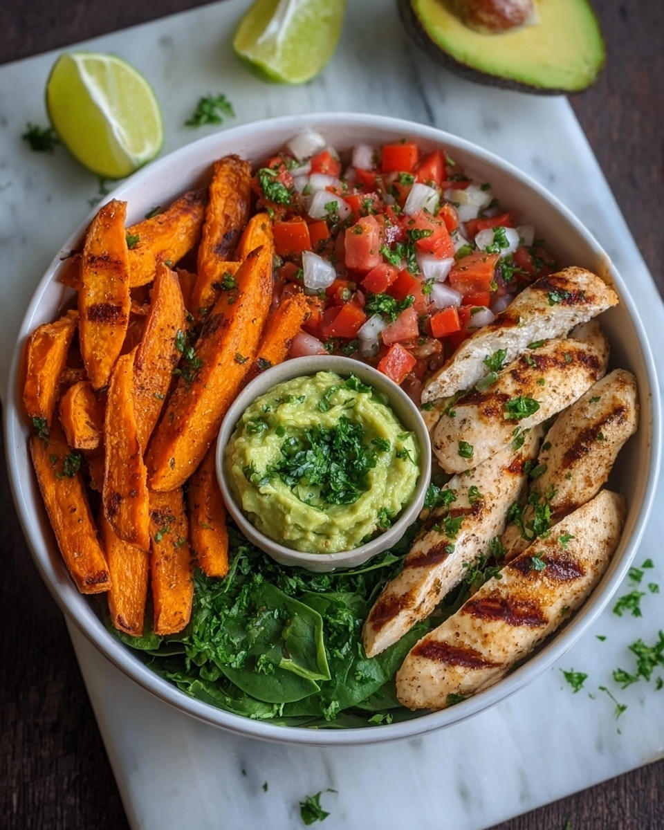 A white bowl sits on a white marbled surface, filled with four grilled chicken strips with light grill marks on the right side. Next to the chicken is a colorful mixture of chopped red tomatoes, white onions, and green herbs. The left side of the bowl holds a pile of orange sweet potato fries, garnished with small green herb pieces. Below the fries and chicken, there is a bed of green leafy greens. Two portions of green guacamole, one larger on the left bottom and one smaller in a small round bowl placed in the center, are topped with chopped green herbs. In the background, half an avocado and a wedge of lime add to the fresh feel. Photo taken with an iphone --ar 4:5 --v 7