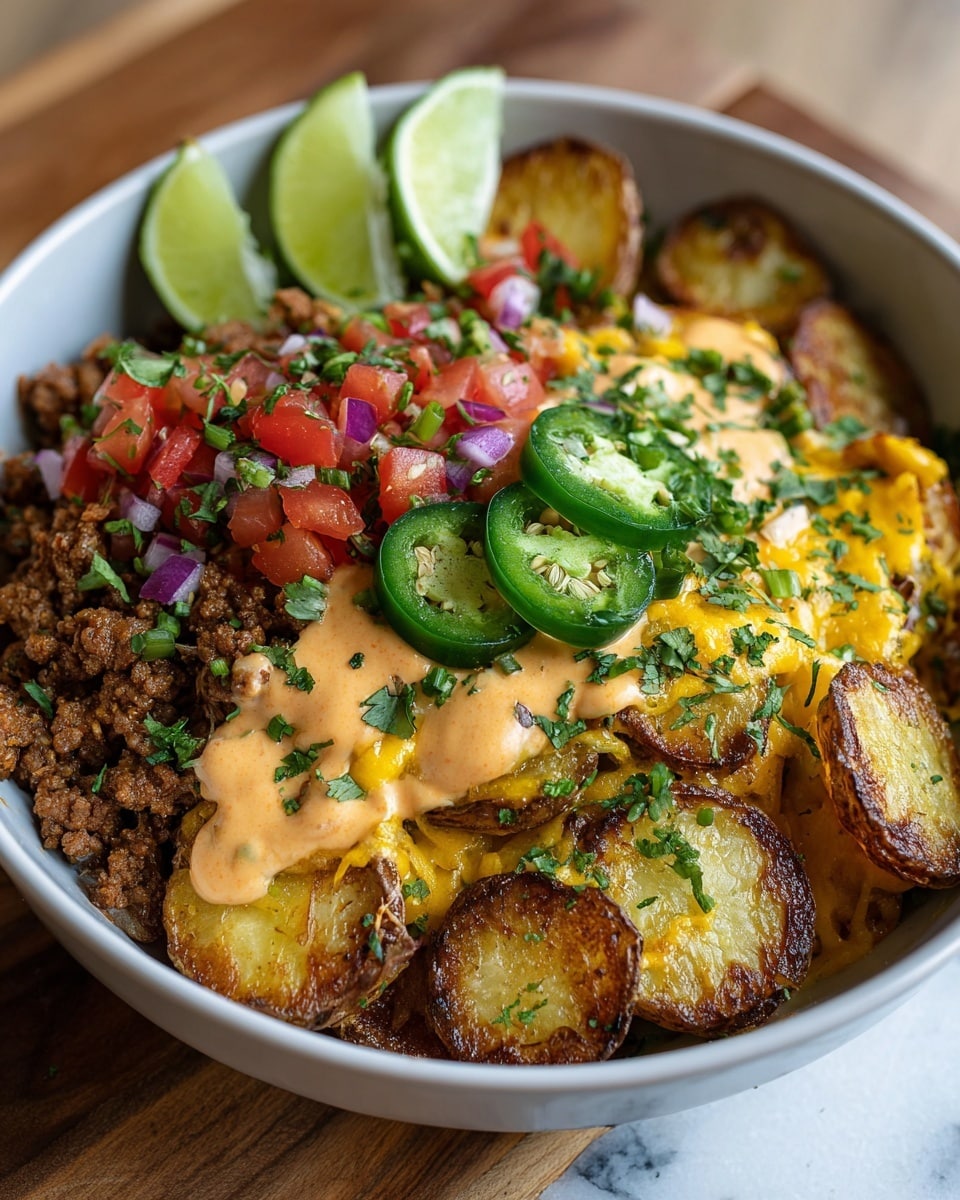 A bowl filled with several layers starting from the bottom, showing round, golden-brown roasted potato slices with crispy edges. Above the potatoes is a layer of browned ground meat, covered by melted yellow and orange cheese. On top, creamy light orange sauce is drizzled generously, with some finely chopped fresh green herbs sprinkled all over. There are two fresh green lime wedges placed on the side near chopped bright red tomatoes mixed with bits of purple onion and green herbs. A few slices of fresh green jalapeño are placed on the sauce near the center. The bowl is white and sits on a wooden surface with some of the white marbled texture visible around. Photo taken with an iphone --ar 4:5 --v 7