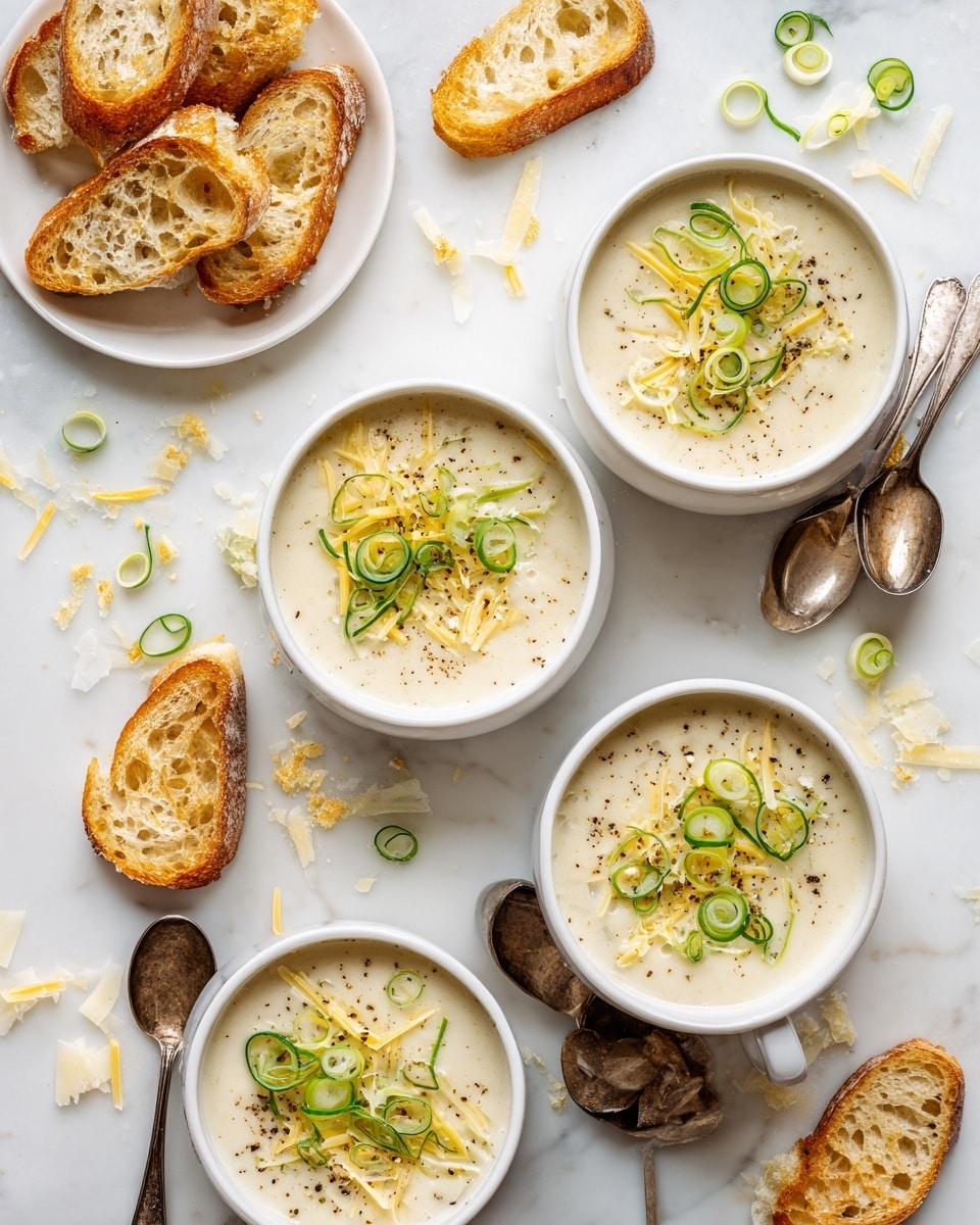 Four white cups filled with creamy off-white soup are arranged on a white marbled surface. Each cup is topped with thin slices of bright green scallions, light yellow shredded cheese, and a sprinkle of black pepper. Two white plates hold several slices of toasted bread with golden brown crispy edges and open crumb texture. Around the cups and plates are scattered more scallion slices, cheese shreds, and a few small bread crumbs. Two tarnished metal spoons lie close together near one cup. Photo taken with an iphone --ar 4:5 --v 7